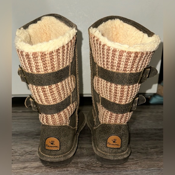 BearPaw Shoes - BearPaw Brown and Cream Buckle Strap Mid Calf Tall Fuzzy Knitted Boots Size 7